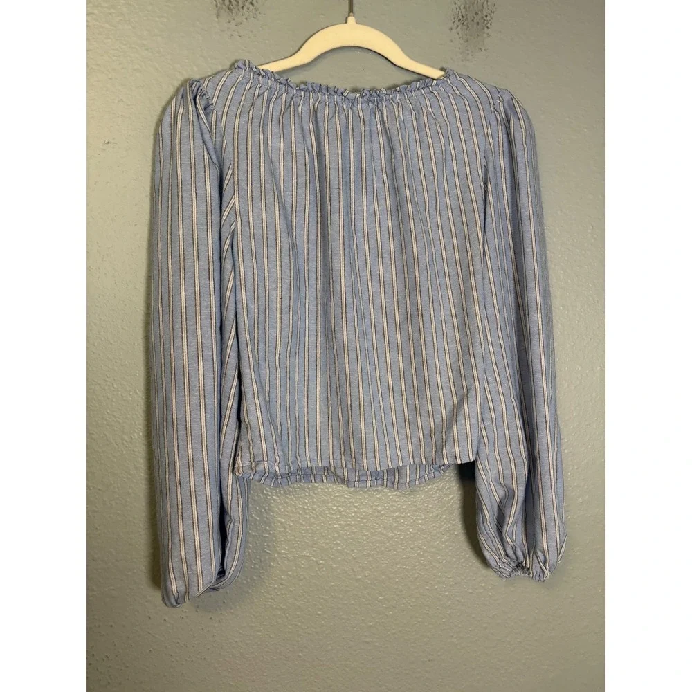 Old Navy Blue White Striped Linen Blend Ruffle Neck Puff Sleeve Top Medium